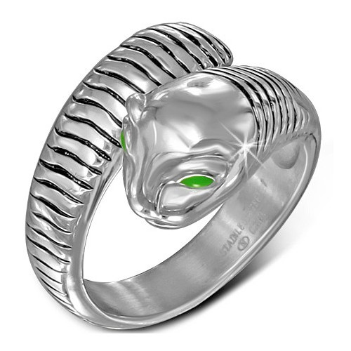 Ocelový prsten had se zelenýma očima