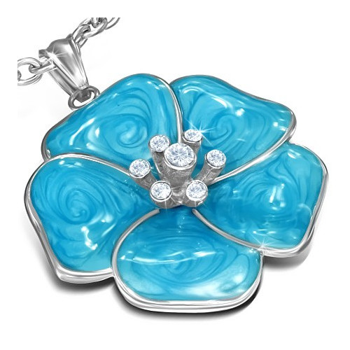 Ocelový přívěsek - modrý květ s zirkony