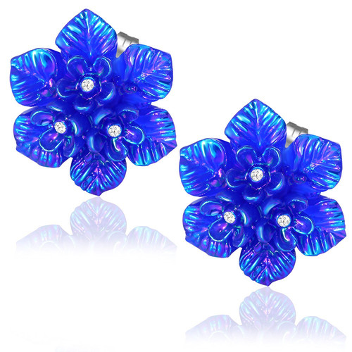 Ocelové náušnice modré květiny s kamínky