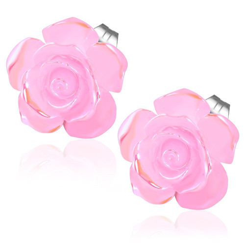 Růžový perleťový květ, puzety - Ocelové náušnice