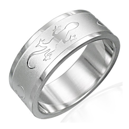 Ocelový prsten s hrubě broušeným středem a lesklými ještěrkami po obvodu